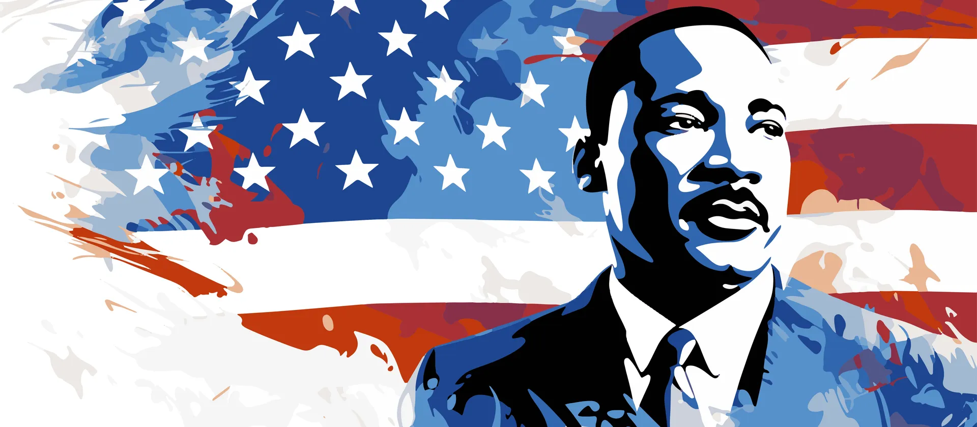 Graphic artwork of Martin Luther King, Jr  in front of the American flag.