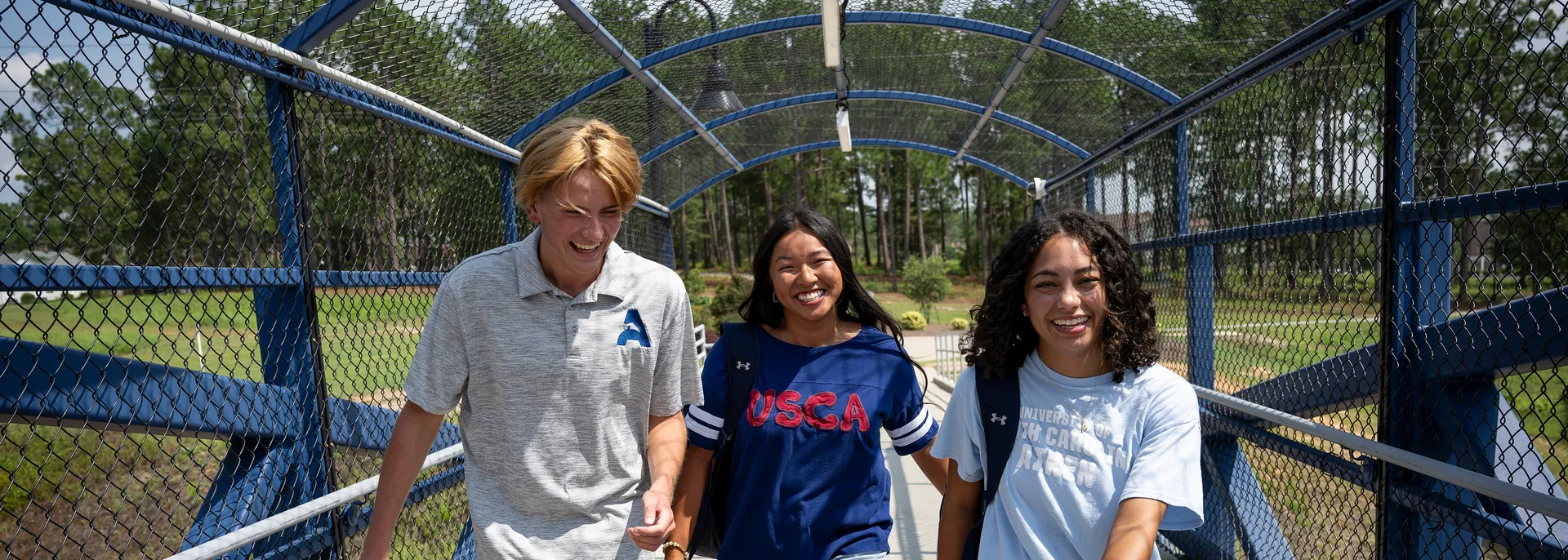Students walk across the pedestrian bridge.