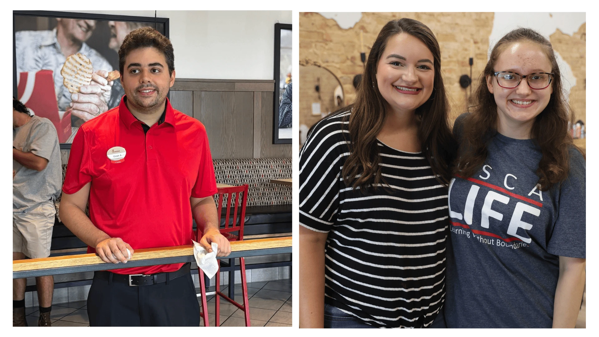 Evan Allgood (left) works part-time at the Chick-fil-A on Edgefield Road in North Augusta. Amelia Carpenter (far right) says she’s proud to work at Hair by Brooke in Downtown Aiken, co-owned by Brooke Auletta (center) and Brooke Battisto.