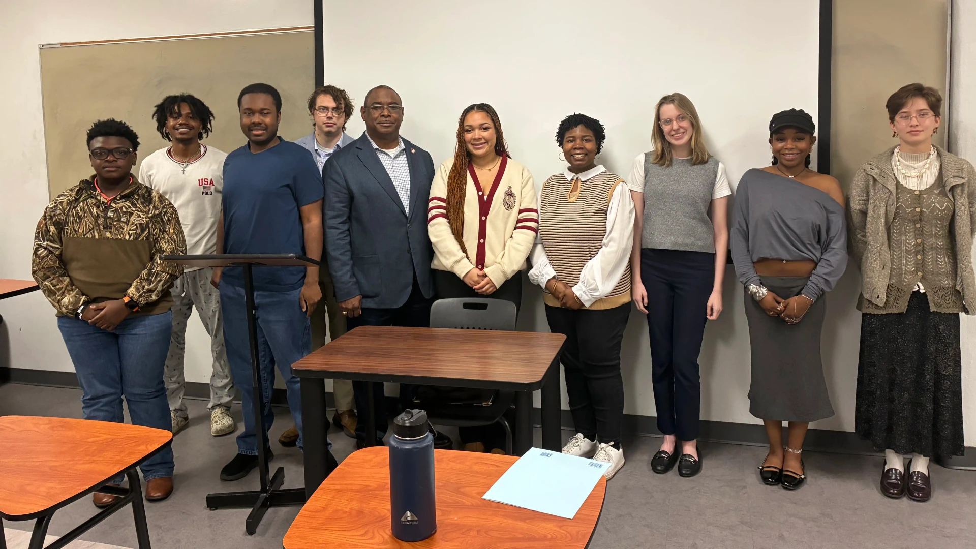 Derrick Meggie visited with Dr. Sarah Young's political science class, sharing how he works with state legislators in his role as director of state government and community relations for the USC system.