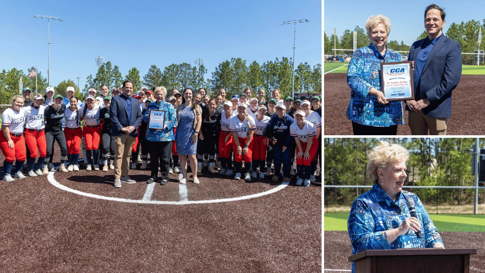 USCA Chancellor Emerita Sandra Jordan received the National Collegiate Athletic Association Meritorious Service Award, presented by Peach Belt Conference Commissioner Diana Kling on March 28. Images Credit: Talbert Mustapher / USCA