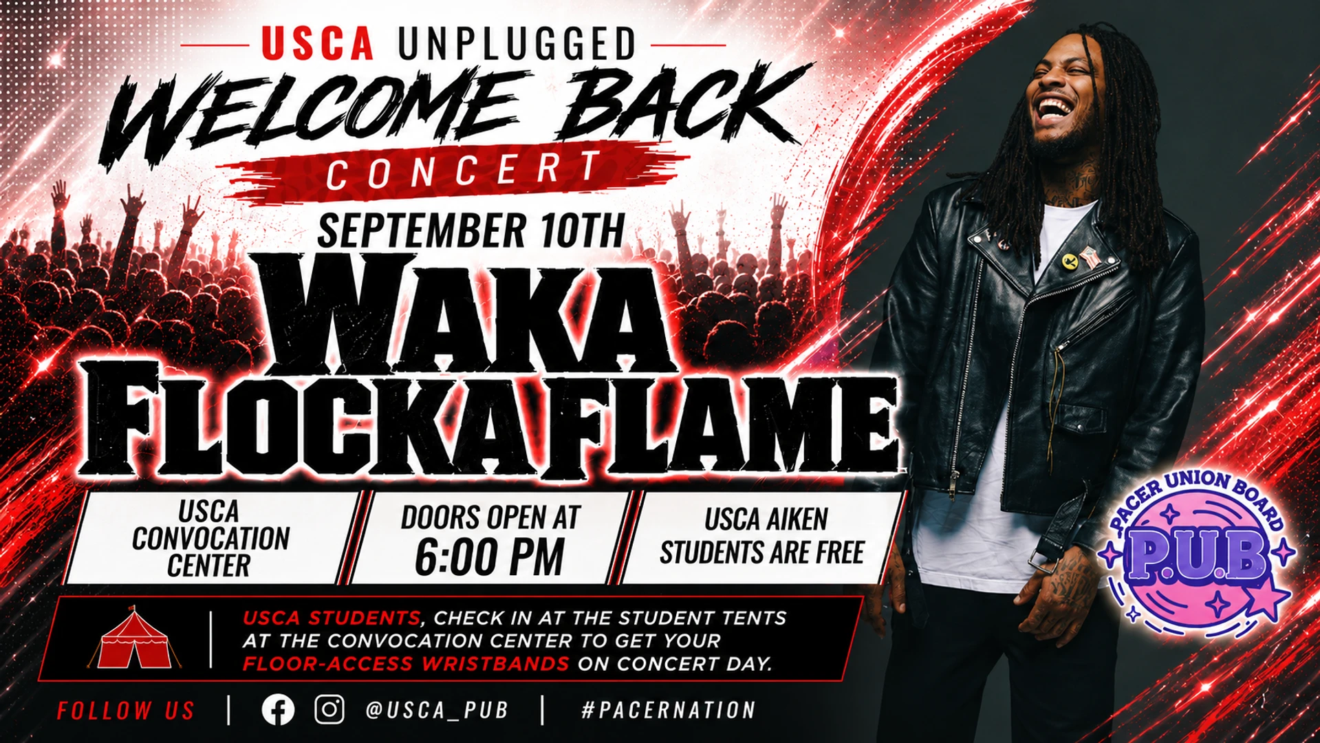 Flyer for the USCA Unplugged Welcome Back Concert featuring Waka Flocka Flame, Sept. 10, doors open at 6 p.m.