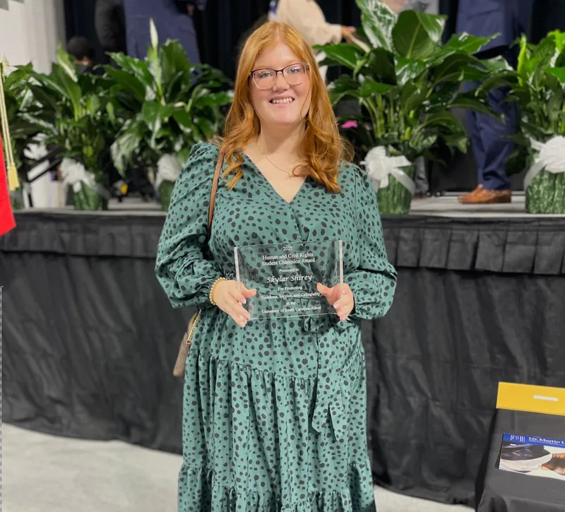 Education major and senior Skylar Shirey was honored with the Human and Civil Rights Student Champion Award during the 2025 MLK Community Celebration
