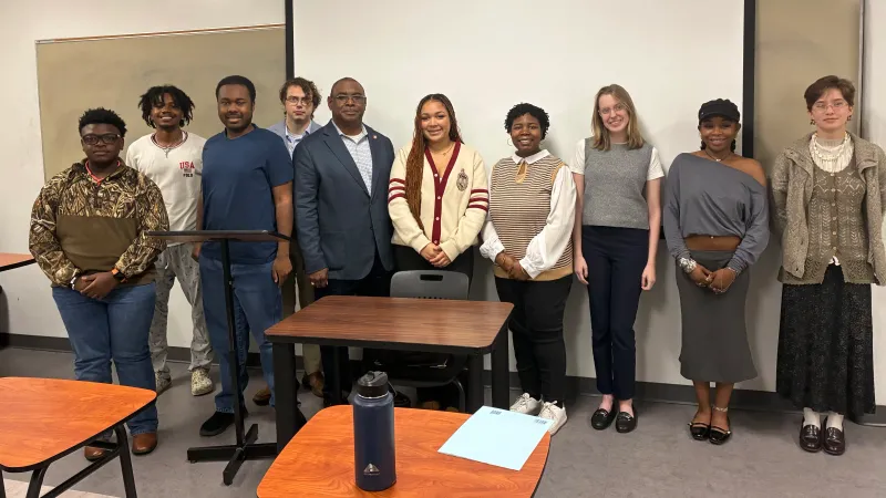 Derrick Meggie visited with Dr. Sarah Young's political science class, sharing how he works with state legislators in his role as director of state government and community relations for the USC system.