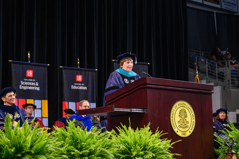 For her longstanding support to the university, USCA Chancellor Daniel Heimmermann awarded Dr. Elizabeth Stewart an honorary doctorate degree in public service during the spring commencement ceremony May 6.