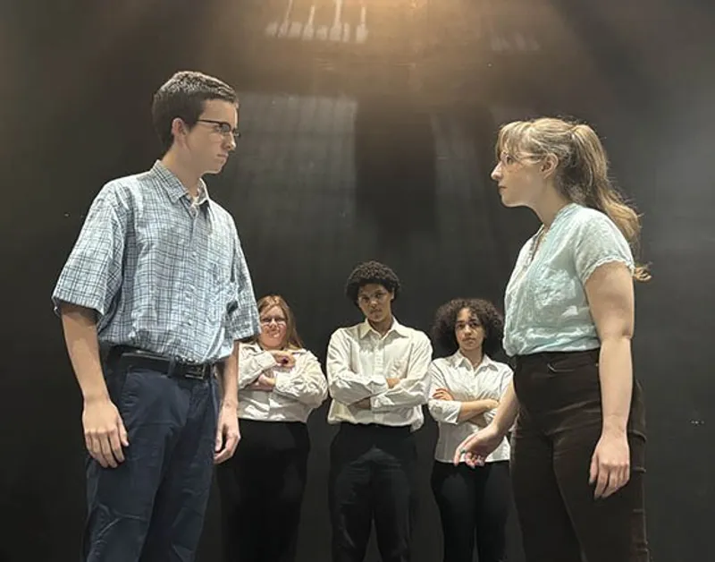 Cast of How I Learned to Drive in rehearsal on the O'Connell Theatre stage