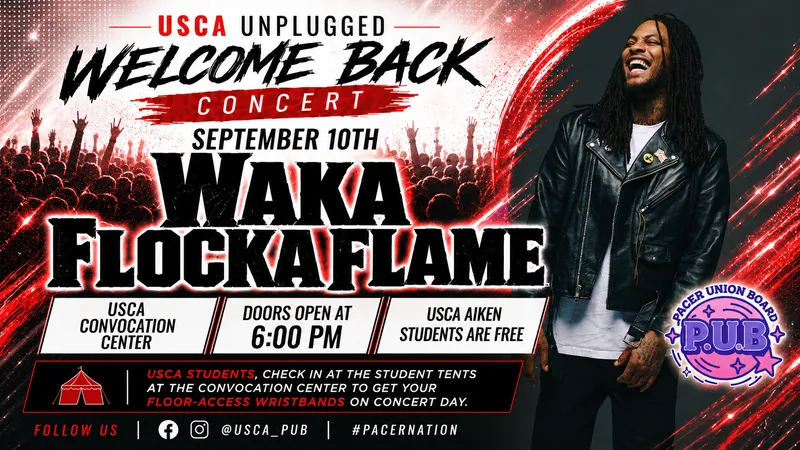 Flyer for the USCA Unplugged Welcome Back Concert featuring Waka Flocka Flame, Sept. 10, doors open at 6 p.m.